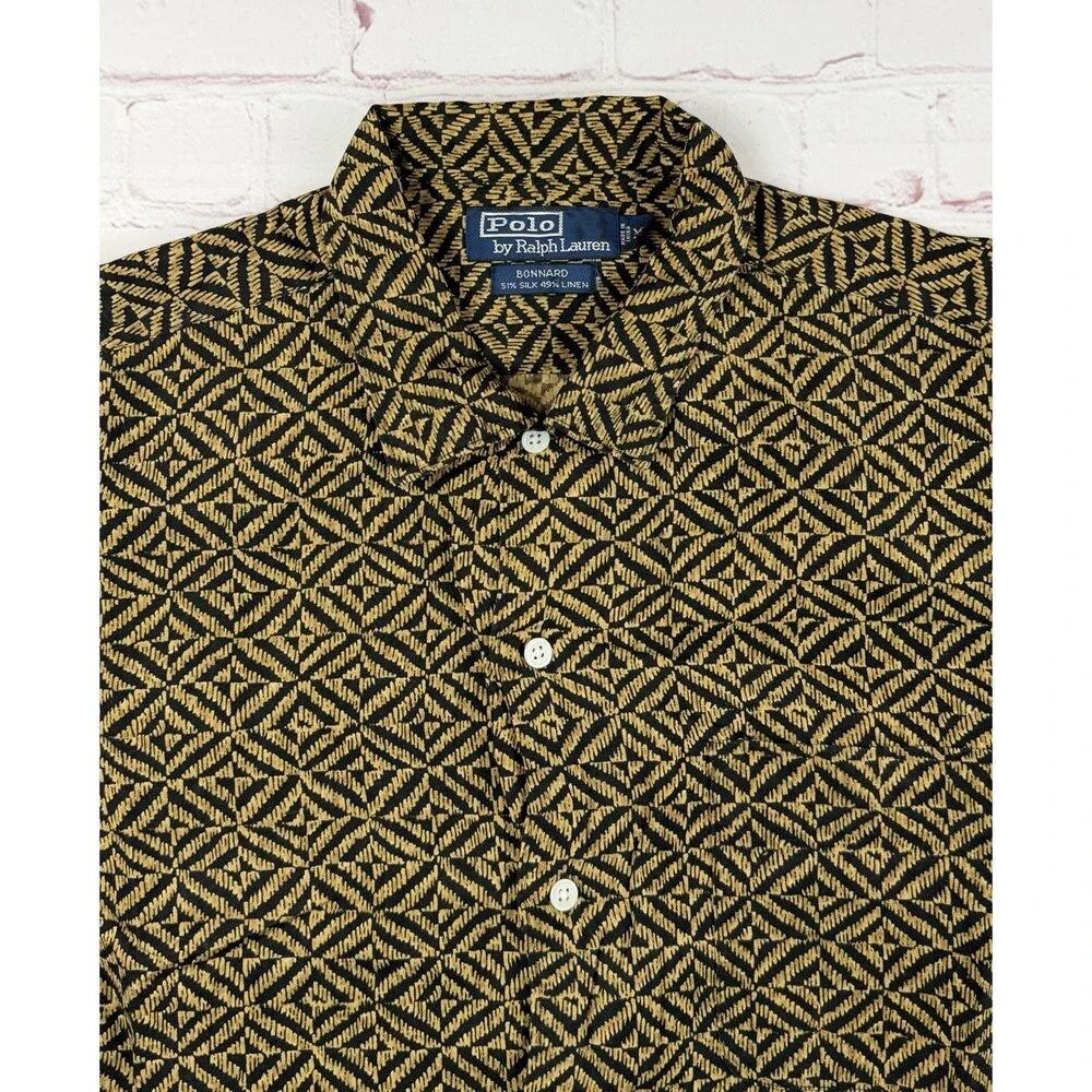 Polo Ralph Lauren Bonnard Shirt Mens MED Gold Silk Linen Geometric Camp Collar